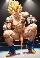 1boy abdomen ai_generated balls big_penis cock dick dragon_ball_z erection eyes hair huge_cock landscape legs looking_at_viewer low-angle_view male_only naked nude nude_male nudity penis river sitting solo uncensored vegeta