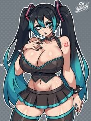 2024 belly_button_piercing big_breasts bimbo bimbo_body black_eyeshadow black_hair black_lips black_lipstick blue_eyes blue_hair blue_nails breasts cleavage collar corset female female_focus female_only goth goth_girl goth_miku grey_background hatsune_miku long_hair looking_away microskirt miniskirt painted_fingernails painted_nails pierced_ears piercings running_mascara short_skirt skirt spiked_bracelet srbready thick_thighs thighhighs thighs tied_hair twintails vocaloid