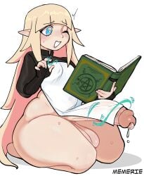 1futa 2024 balls big_penis blonde_hair blue_eyes book elf elf_ears elf_futanari futa_only futanari hi_res kneeling long_hair magic memerieart one_eye_closed penis penis_growth precum precum_drip solo thick_thighs very_long_hair