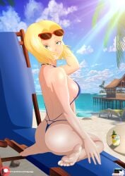 android_18 ass ass beach bikini blonde_female blonde_hair commission dragon_ball feet karlen_vardanyan legs patreon soles swimsuit swimwear toes