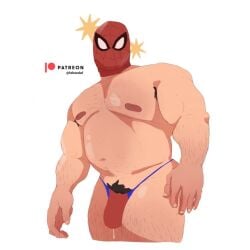 1boy bara bulge bulge_through_clothing erection erection_under_clothes fabssdaf gay hi_res human inviting looking_at_viewer male male_only marvel marvel_comics mask masked_male muscles muscular pecs penis peter_parker presenting spider-man spider-man_(series) thick_thighs thong underwear