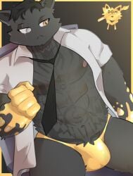 abs absurd_res anthro black_body black_fur bluedomstar breasts bulge clothed clothing digital_media_(artwork) epic_games eye_scar facial_scar felid feline fortnite fortnite:_battle_royale fur gold_clothing hair hi_res male male_only mammal meowdas meowscles meowscles_(fortnite) necktie nipples open_clothing open_shirt open_topwear scar shirt simple_background solo tattoo thong topwear underwear watermark