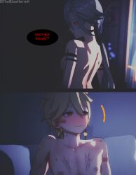 1boy 1girls 3d aether_(genshin_impact) after_sex arlecchino_(genshin_impact) bedroom koikatsu lipstick_mark mihoyo naked scratch_marks stamina_bar straight thebluehermit