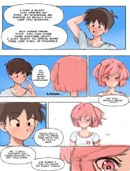 1boy 1girls blush comic comic_page crying dialogue doki_doki_literature_club english_text female human male mc_(doki_doki_literature_club!) natsuki_(doki_doki_literature_club) pink_eyes pink_hair rakeemspoon shirt skirt sky text wholesome