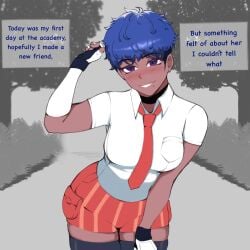 1girls blue_hair blush choker dark-skinned_female dark_skin english_text female female_only fingerless_gloves hi_res looking_at_viewer md_doubled mole mole_under_eye mole_under_mouth necktie nintendo pokemon pokemon_sv purple_eyes shirt short_hair smiling smiling_at_viewer solo text text_box zoraida_(nyantcha)