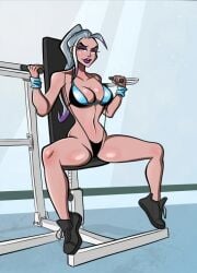 ben_10 ben_10_omniverse big_breasts charmcaster cleavage gym gym_uniform looking_at_viewer newman_(artist) provocative purple_highlights skimpy_outfit white_hair