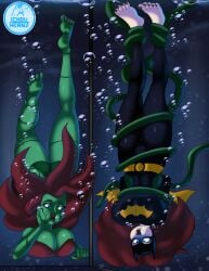 2girls barbara_gordon barefoot batgirl batman_(series) breasts cross_eyed crosseyed dc dc_comics drowning feet female ichduhernz lipstick pamela_isley poison_ivy puffy_cheeks underwater underwater_peril