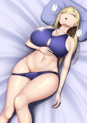 1girls aizawa_ema bed_sheet belly_button blonde_hair blue_bed_sheet blue_pillow breasts closed_eyes eyebrows_visible_through_hair female female_only female_pubic_hair hi_res highres huge_breasts laying_on_bed light-skinned_female light_skin midriff mikage_77777 navel on_bed panties pillow pubic_hair sleeping sleepwear solo underwear virtual_youtuber vspo!