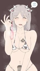 1girls 2d 2d_(artwork) 2d_artwork background belly belly_button belly_piercing bikini brown_background cow_print cow_print_bikini heavy_breathing large_breasts netorare original original_character queen_of_spades used_condom vwvvw wedding_ring white_hair