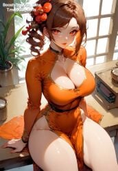 ai_generated aist_ big_ass big_breasts big_thighs chinese_clothes chiori_(genshin_impact) choker dress flower genshin_impact huge_thighs looking_at_viewer orange_dress orange_eyes orange_lipstick sitting