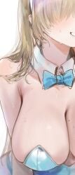 1girls alracoco asuna_(blue_archive) asuna_(bunny)_(blue_archive) blonde_hair blue_archive bowtie breast_focus cleavage close-up large_breasts leaning_forward mole_on_breast overflowing_breasts playboy_bunny sweat sweaty