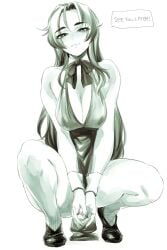 bow breasts cleavage crouching english_text female female_focus full_body greyscale hair_between_eyes karen_(the_citadel) large_breasts legs_apart long_hair looking_at_viewer monochrome neck_ribbon ribbon simple_background solo speech_bubble spread_legs the_citadel white_background