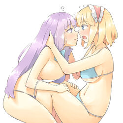 2girls alice_margatroid arnest big_breasts bikini blonde_hair blue_eyes blush cute imminent_kiss large_breasts lesbian light-skinned_female looking_at_partner patchouli_knowledge purple_hair surprised_expression thick_thighs touhou untied_bikini violet_eyes white_background wholesome yuri