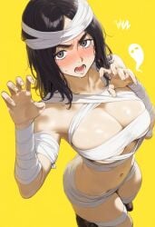 ai_generated angry_face attack_on_titan black_hair blush grey_eyes hodarake mummy_costume mummy_wrappings partially_nude pieck_finger shingeki_no_kyojin sweat tan_skin tanned_female tarte_(artist) viewed_from_above yellow_background