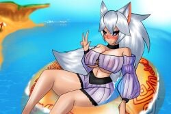 animal_ears beach big_areola big_ass big_breasts big_nipples blue_eyes blush blush_lines blushing_at_viewer choker ear_tuft female female_only green_eyes heterochromia kemonomimi long_hair looking_at_viewer midriff mina_(tsn11) pool_tube see-through see-through_clothing see-through_swimsuit see-through_top see_through shiny shiny_hair shiny_skin silver_fox silver_hair silver_tail solo solo_female solo_focus swimsuit swimwear thick thick_ass thick_butt thick_hips thick_legs thick_tail thick_thighs transparent_clothing water wolf wolf_ears wolf_girl wolf_tail yunaka