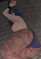 1girls arms_above_head ass big_ass blue_eyes bondage byleth_(fire_emblem) byleth_(fire_emblem)_(female) captured captured_heroine chained chained_up chained_wrists crying crying_with_eyes_open dungeon fire_emblem fire_emblem:_three_houses large_breasts looking_at_viewer looking_back meyo nintendo nipples teal_hair