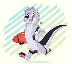 anthro balls biped casual conditional_dnp foreskin fur genitals grey_body grey_fur happy lifeguard looking_at_viewer lutrine male mammal mustelid pawpads paws penis rescue_buoy running simple_background smile smiling_at_viewer solo tailgrip whistle