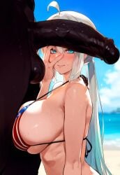 1boy 1girls ai_generated american_flag_bikini big_breasts blue_eyes breasts fate/grand_order fate_(series) female female_focus huge_breasts large_breasts long_hair looking_at_viewer morgan_le_fay_(fate) ponytail smiling smiling_at_viewer white_hair