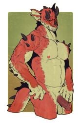 2024 abs anthro ass balls barazoku belly biceps deltoids dragon flaccid genitals hi_res looking_aside male manly musclegut muscular mythological_creature mythological_scalie mythology navel nipples nude pecs penis roamingthrough scalie slightly_chubby solo spikes triceps yellow_eyes