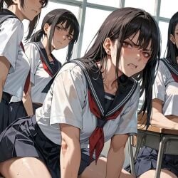 4girls ai ai_generated angry angry_face anime_style black_hair black_skirt female_focus female_only girl matriarchy oakley_sinclair original_character red_eyes red_tie redphoenix_ room school school_uniform schoolgirl sitting transparent_clothing wet_clothes white_shirt window young young_female