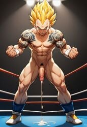 1boy abdomen ai_generated balls big_penis cock dick dragon_ball_z erection eyes hair huge_cock landscape legs looking_at_viewer low-angle_view male_only naked nude nude_male nudity penis river sitting solo uncensored vegeta