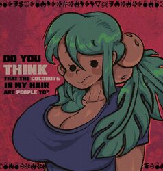 1girls busty curvy dark-skinned_female dark_skin dialogue green_hair kiana_(spicyfuse) mob_face original original_character spicyfuse tan tan_skin tanned tanned_skin text wing_dings wingdings