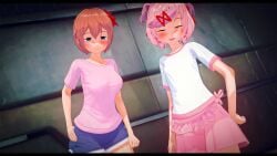 2girls 3d before_sex clothed cometz doki_doki_literature_club fully_clothed human human_only imminent_sex light-skinned_female light_skin looking_at_viewer natsuki_(doki_doki_literature_club) sayori_(doki_doki_literature_club)