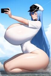 ai_generated blue_eyes blue_hair breasts destruction esdeath_(akame_ga_kill!) female giantess giantessesdeath gigantic_breasts hat holding_phone huge_breasts landscape_dwarfing macro nai_diffusion nipple_bulge phone shiny_skin shirt thick thick_thighs tight_clothing very_long_hair white_shirt