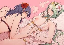 2girls bikini black_bikini blue_hair breasts byleth_(female)_(fire_emblem) byleth_(female)_(summer)_(fire_emblem) byleth_(fire_emblem) fire_emblem fire_emblem:_three_houses fire_emblem_heroes flower green_eyes green_hair hair_flower hair_ornament hibiscus highres holding_hands ikarin interlocked_fingers large_breasts long_hair lying medium_hair multiple_girls nipples official_alternate_costume on_back rhea_(fire_emblem) rhea_(summer)_(fire_emblem) swimsuit very_long_hair white_bikini yuri