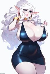 bimbo black_dress blue_eyes blush breasts_bigger_than_head cocktail_dress cowboy_shot curvy elf female hoop_earrings huge_breasts long_hair navel_visible_through_clothes parted_lips pencil_dress pencil_skirt pink_lipstick pointy_ears ponytail solo thighs viriai voluptuous white_hair white_skin wide_hips