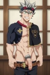 1boy abs ai_generated asta_(black_clover) bara belt black_capelet black_clover capelet clothes_pull flaccid foreskin green_eyes grey_hair grin headband looking_at_viewer luxeraora10 male_focus male_pubic_hair muscular muscular_male navel open_pants pants pants_pull pectorals penis pubic_hair short_hair smile solo spiked_hair testicles uncensored veins