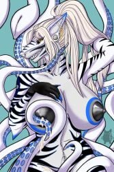 absurd_res anthro areola arm_on_breasts arm_tattoo back_tentacles big_areola big_breasts blue_eyes blue_stripes bodily_fluids breast_milking breasts cephalopod cleopatra_la_jauge coleoid ear_piercing elbow_fin eyelashes facial_piercing fangs female fish furgonomics furry-specific_piercing genitals glowing hair hand_behind_head heterochromia hi_res huge_areola hybrid imminent_sex kzo_arts lactating leaking_milk long_hair looking_at_viewer marine markings milk mollusk nipples non-mammal_nipples nose_piercing nude nude_female piercing platinum_blonde pubic_tattoo shark shoulder_tattoo smile solo stripes tail tattoo teeth tentacle tentacles_around_legs thei'mare yellow_eyes