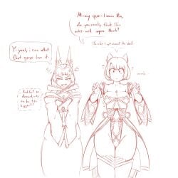 2girls angry_mark annoyed bent_arm big_breasts blade_(xenoblade) blush blush breast cat_ears catgirl cleavage closed_mouth clothed clothed_female clothing dialogue digital_drawing_(artwork) digital_media_(artwork) duo duo_female duo_focus female female_focus female_only fox fox_ears fox_girl gem_on_chest half-closed_eyes hands_up hood hoodie kemonomimi long_ears long_hair looking_away milf mio mio_(xenoblade) monolith_soft motion_lines nia nia_(xenoblade) nintendo open_eyes open_mouth outfit quin-nsfw robe short_ears short_hair sketch small_breasts speech_bubble swapped_clothes sweat sweatdrop text tight_clothing xenoblade_(series) xenoblade_chronicles_3