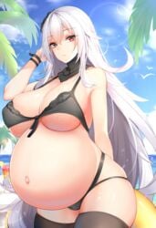 1girls absurdres azur_lane bangs bare_shoulders beach bikini bird black_bikini blue_sky bracelet breasts chixiao cleavage closed_mouth cloud commentary_request crossed_bangs curvy day detached_collar drink eyebrows_visible_through_hair glass graf_zeppelin_(azur_lane) hair_between_eyes highres huge_breasts innertube jewelry lens_flare long_hair looking_at_viewer ocean outdoors palm_tree pout pregnant ready_to_pop silver_hair sky solo stomach swimsuit table thighhighs tree underboob very_long_hair water water_drop waves wet