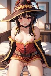 ai_generated blush brown_hair cleavage collar half-dressed hat kono_subarashii_sekai_ni_shukufuku_wo! masturbation megumin off_shoulder open_clothes open_dress pussy pussy_juice pussy_juice_drip red_dress red_eyes short_hair small_breasts takemehigh witch_hat