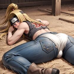 ai_generated big_butt briefs deidara farm farmer femboy femboy_focus hay jeans looking_at_viewer lying naruto naruto_shippuden posing solo solo_focus text thick_thighs yaoi