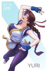 art_of_fighting braided_hair brown_hair cleavage female king_of_fighters large_breasts solo tomo+ v yuri_sakazaki