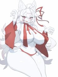 2021 3:4 4_fingers ahoge anthro baburusushi big_breasts breasts canid canine claws clothed clothing digital_media_(artwork) facial_markings female female_anthro finger_claws fingers fox fur hair head_markings hi_res huge_breasts kemono mammal markings navel panties red_eyes solo thick_thighs underwear white_body white_fur white_hair