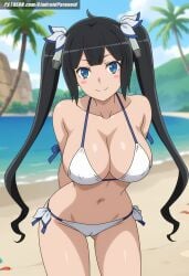 ai_generated aindroidparanoid ass ass beach big_ass big_breasts big_butt bikini black_hair blush breasts busty cameltoe curvy dungeon_ni_deai_wo_motomeru_no_wa_machigatteiru_darou_ka fat_ass female female_only hestia_(danmachi) hips huge_ass huge_breasts huge_butt large_ass large_breasts large_butt massive_breasts outdoors stable_diffusion swimsuit thick_thighs twintails voluptuous wide_hips