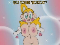 1990s 1990s_(style) 90s aesthetic blonde_hair breasts_squeezed_together cute dots gloves green_eyes heroine huge_breasts navel no_pubic_hair o'rage_woman oc oc_character original original_character pussy retro retro_artstyle simple_background sketch smile smiling speech talking_to_viewer text vaginal_penetration