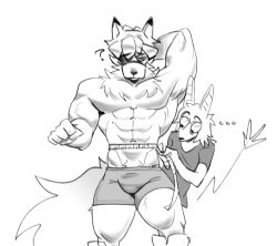 ... 2boys ? abs anthro bara biceps boxer_briefs boxers boxers_(clothing) bulge canid canine canis eirikbat fluffy fluffy_chest funny furry male mammal measuring measuring_waist mechanical_legs muscular muscular_male no_sex no_visible_genitalia pecs size_difference surprised surprised_expression tail thick_thighs underwear von_lycaon white_fur wolf zenless_zone_zero