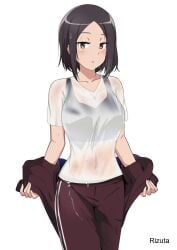 1girls 2d 2d_(artwork) 2d_artwork adult adult_female belly_button big_breasts black-haired_female black_bra black_hair black_panties black_underwear blush blush_face blushing_at_viewer blushing_female bra breasts brown-eyed_female brown_eyes busty busty_female busty_girl collarbone digital digital_art digital_drawing digital_drawing_(artwork) digital_media digital_media_(artwork) dripping_wet dumbbell_nan_kilo_moteru? female female_focus female_only fingers hourglass_figure large_boobs large_breasts lean_figure looking_at_viewer mature mature_female medium_hair mole mole_under_eye narrow_waist navel panties parted_bangs plump_breasts rizuta shoulders simple_background slender_body slender_waist slim_waist soaked soaked_clothes soaked_panties soaked_underwear solo sports_bra sportswear standing sweat sweatdrop sweating sweaty sweaty_belly sweaty_body sweaty_breasts sweaty_chest sweaty_face sweaty_female tachibana_satomi underwear upper_body wet wet_belly wet_body wet_breasts wet_clothes wet_clothing wet_face wet_hair wet_nipples wet_panties wet_shirt wet_skin wet_underwear white_background wide_hips