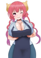 1girls big_breasts breasts female female_only hifumi_kei_(hi_fu_mi_kei) horns huge_breasts ilulu_(dragon_maid) large_breasts light-skinned_female light_skin miss_kobayashi's_dragon_maid monster_girl one_eye_closed pink_eye pointy_ears red_hair smaller_female solo standing