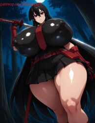 1girls ai ai_generated akame_(akame_ga_kill!) akame_ga_kill! belt big_ass big_breasts black_hair breasts dress erect_nipples forest gauntlets gloves hand_on_weapon huge_ass huge_breasts hyper_breasts katana long_hair necktie night outdoors patreon patreon_username red_eyes reenka25 skirt sleeveless thick thick_ass thick_thighs trees very_long_hair weapon weapon_over_shoulder
