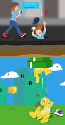 ?_block anthro armor backwards_baseball_cap backwards_hat balls baseball_cap block blush bubble_gum cellphone city cityscape clothed clothing confusion electronics english_text falling foreskin genitals hammer hammer_bro hat headgear headwear helmet hi_res hole_(pit) human koopa kyrio male mammal mario_(series) mario_bros mid_transformation nintendo nude outside penis phone pipe reptile scales scalie shell smartphone solo text text_box tools trans trans_man transformation turtle turtle_shell walking warp_pipe yellow_body yellow_scales