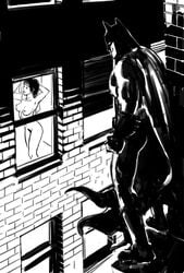 1boy 1girls areolae au_(artist) batman batman_(series) black_and_white black_hair boli-blog breasts closed_eyes creepy dc female male monochrome nipples nude peeping smile superhero towel voyeur voyeurism window