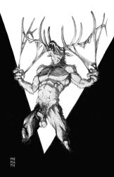 abs absurd_res animal_genitalia animal_penis anthro antlers balls biceps cervid cervine claws deltoids elk fangs genitals hi_res horn looking_up male male_only mammal momamo muscular muscular_anthro muscular_male nude pecs penis pubes sheath solo velvet_antlers were werecervid