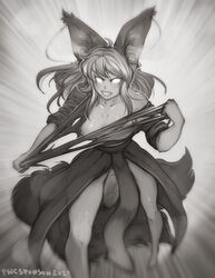 1futa angry animal_ears areolae big_breasts big_penis breasts clothed clothing fox_girl futa_only futanari humanoid humanoid_penis kemonomimi looking_at_viewer monochrome nipples partially_clothed penis pwcsponson solo standing tearing_clothes torn_clothes