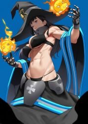 1girls abs absurd_res black_hair black_panties blue_background breasts cleavage enen_no_shouboutai female fire_force hat hi_res large_breasts long_hair looking_at_viewer maki_oze muscular muscular_female navel panties parted_lips purple_eyes revision simple_background smile witch_hat yoshi55level