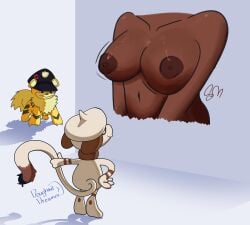 2026 artist_signature big_breasts breasts comedy dark-skinned_female dark_nipples dark_skin digital_media_(artwork) donutdreamer funny generation_1_pokemon generation_2_pokemon growlithe pokemon pokemon_(species) simple_background smeargle